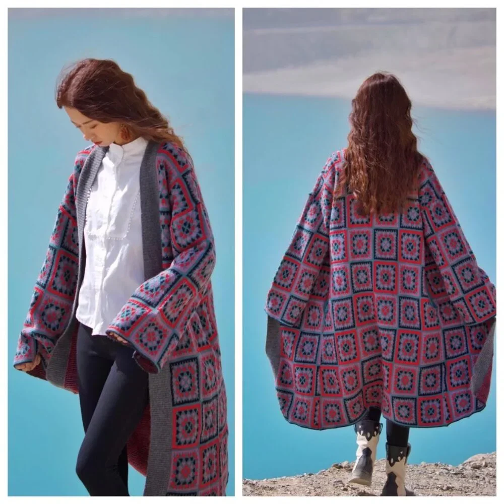 Saachi Square Patch Open Front LOng Kimono Cardigan *Grey* One Size - Picture 2 of 13